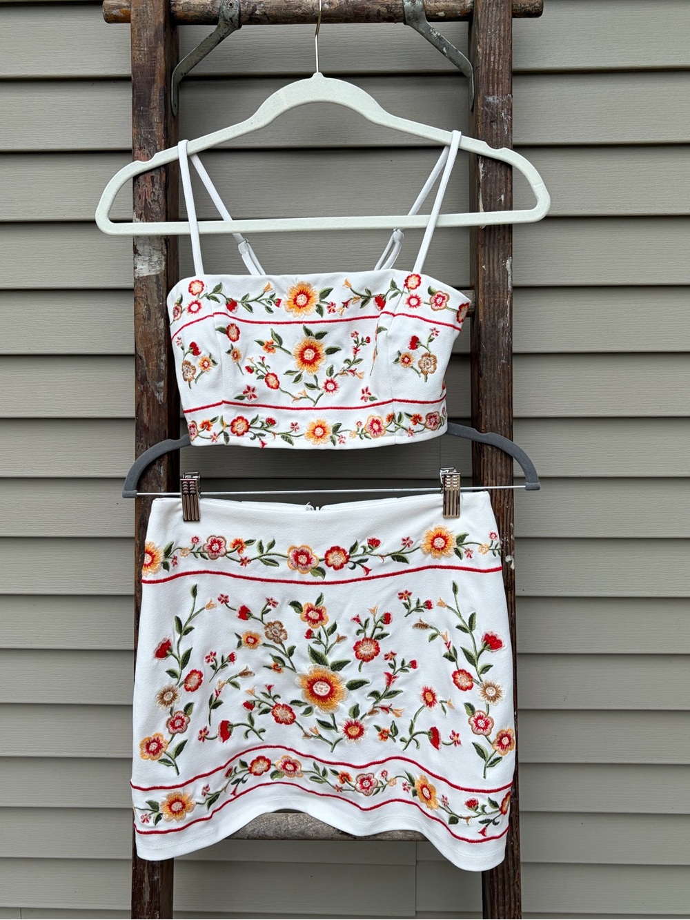 Forever 21 White Floral Embroidered Crop Top & Skirt Set